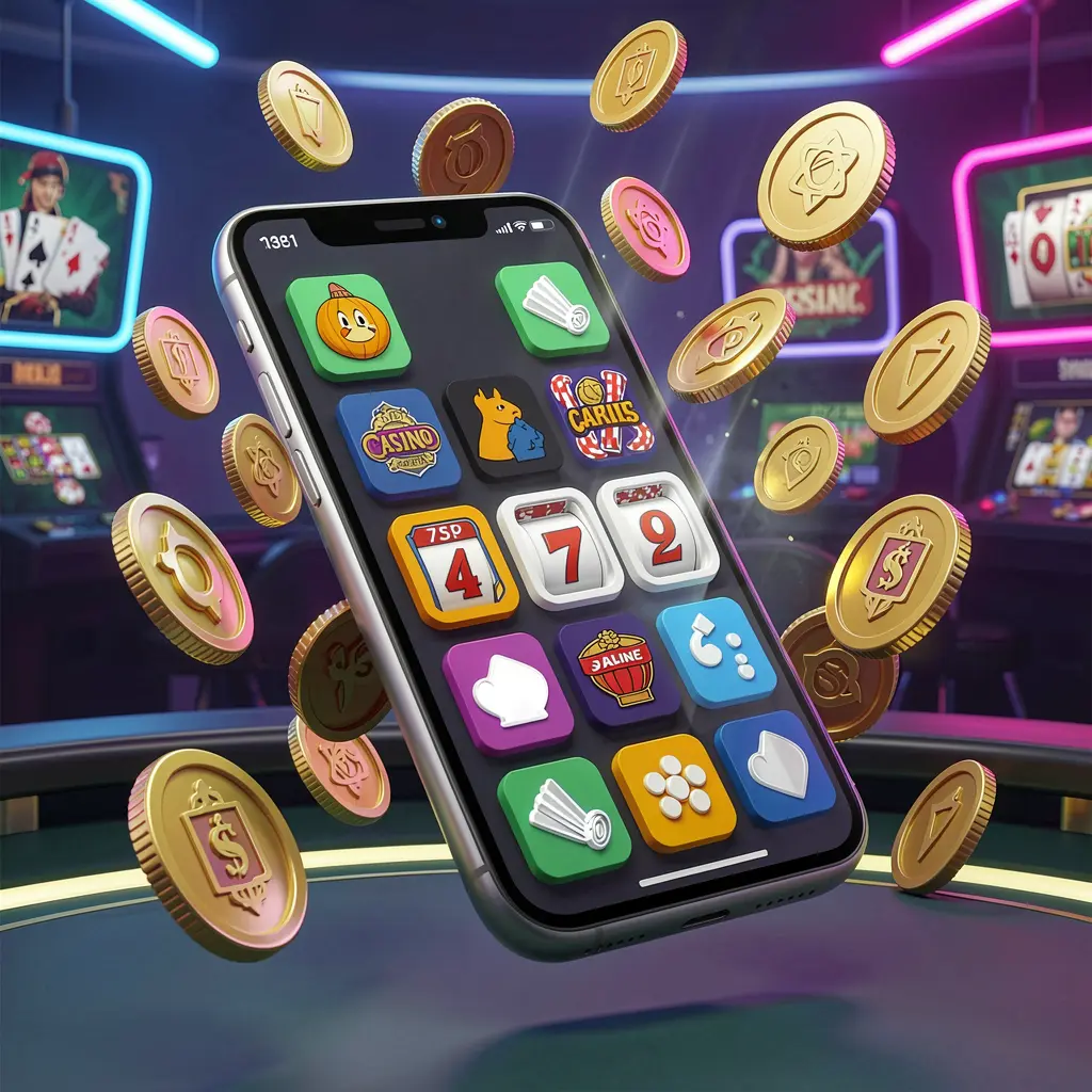 MY8899 Android casino app concept displayed on a modern phone with app icons, surrounded by floating golden coins and slot symbols in a neon casino atmosphere, realistic 3D render