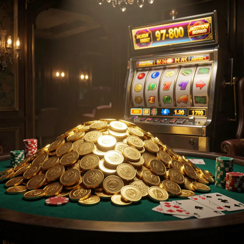 MY8899 online casino jackpot bonus scene with a massive pile of golden coins, slot machine glowing with jackpot lights, poker chips and playing cards on a luxury table under dramatic cinematic lighting