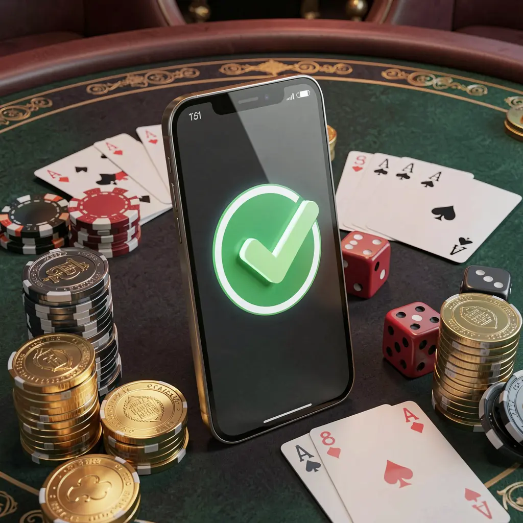 MY8899 safe casino login concept showing a smartphone with verification checkmark icon surrounded by chips, cards, dice, and golden coins on an elegant luxury casino table in a 3D realistic render
