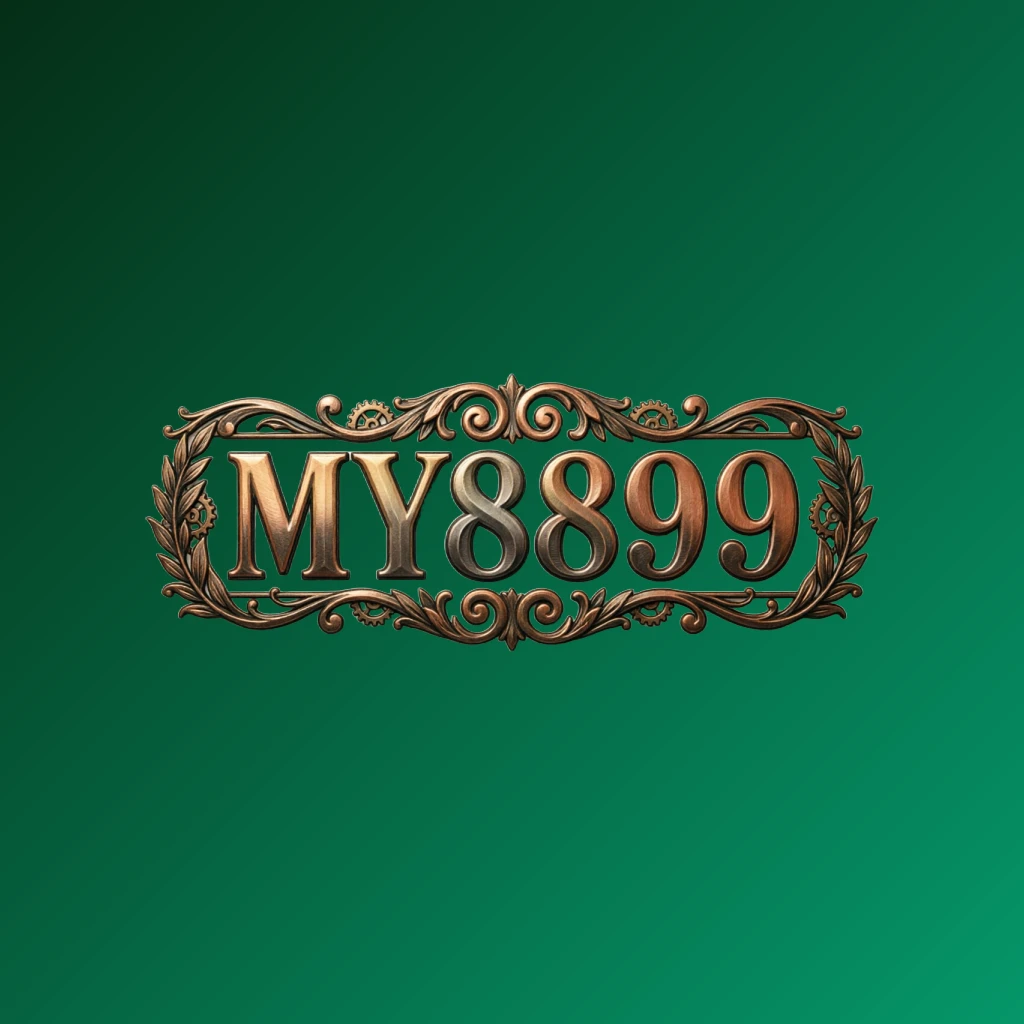 Vintage emblem logo with the text MY8899 in classic typography and an ornamental frame, designed in a retro premium style with a wide horizontal rectangular wordmark, perfect for a website header, featuring a transparent background