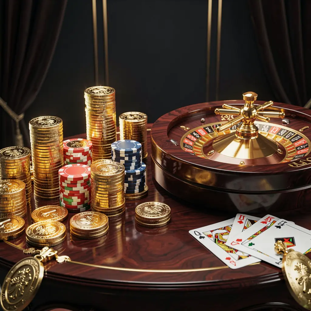MY8899 premium online casino banner featuring golden coins, glowing chips, a roulette wheel, and playing cards on a glossy table with an elegant dark background in a high detail realistic 3D render